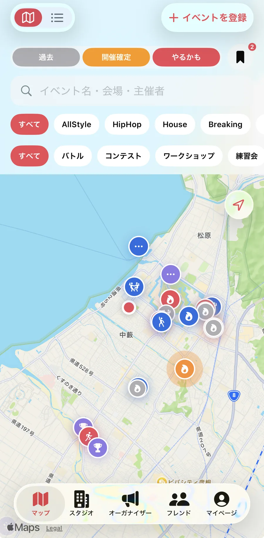 DanceMap アプリのマップ画面